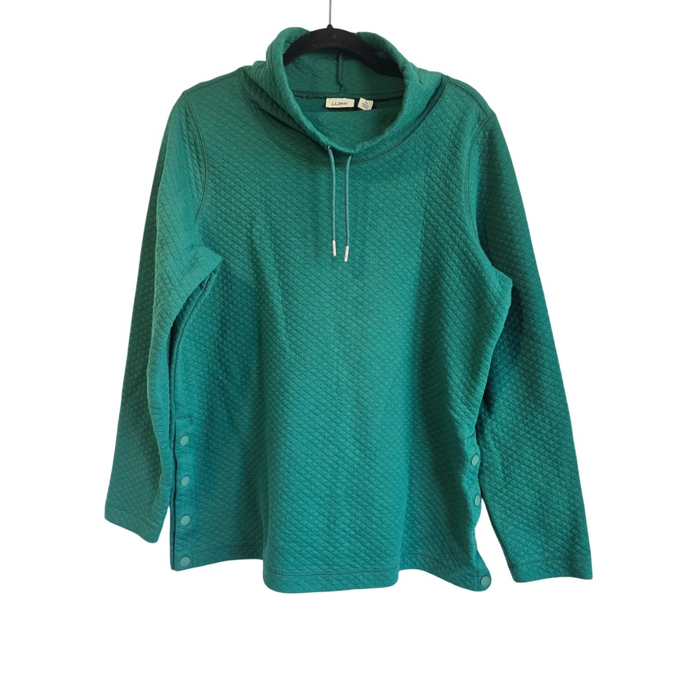 LL Bean Womens Emerald Green Quilted Cowl Neck Snap Side Pullover Sweatshirt L‎